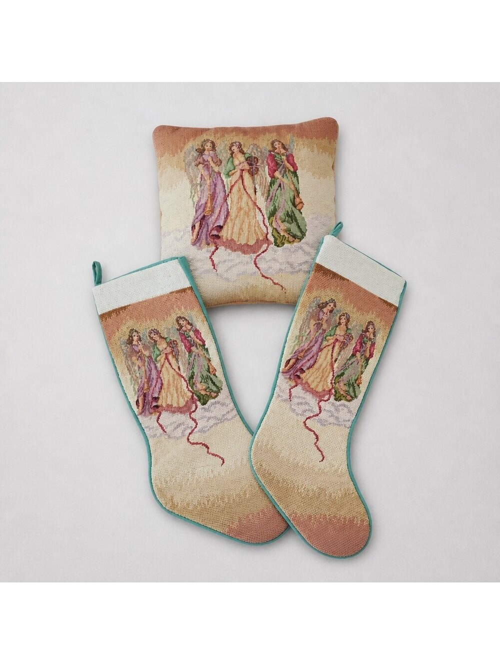 Vintage Angel Themed Needlepoint Christmas Stockings and Pillow Set
